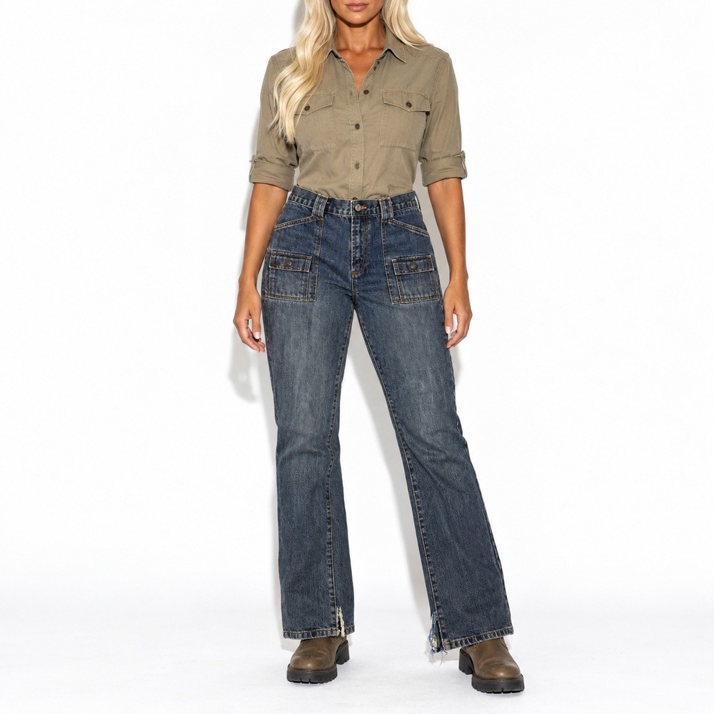 00s Vintage Y2k Cargo Jeans Womens 6 Mid Rise Bootcut Utility Dirty Wash Denim